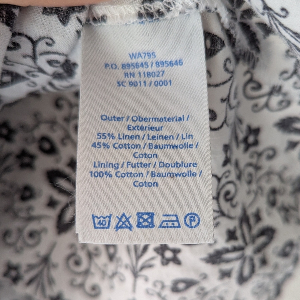 Boden Linen Cotton Wrap Tie Blouse White/Black Floral V Neck Sleeveless Size 12 - Picture 7 of 10